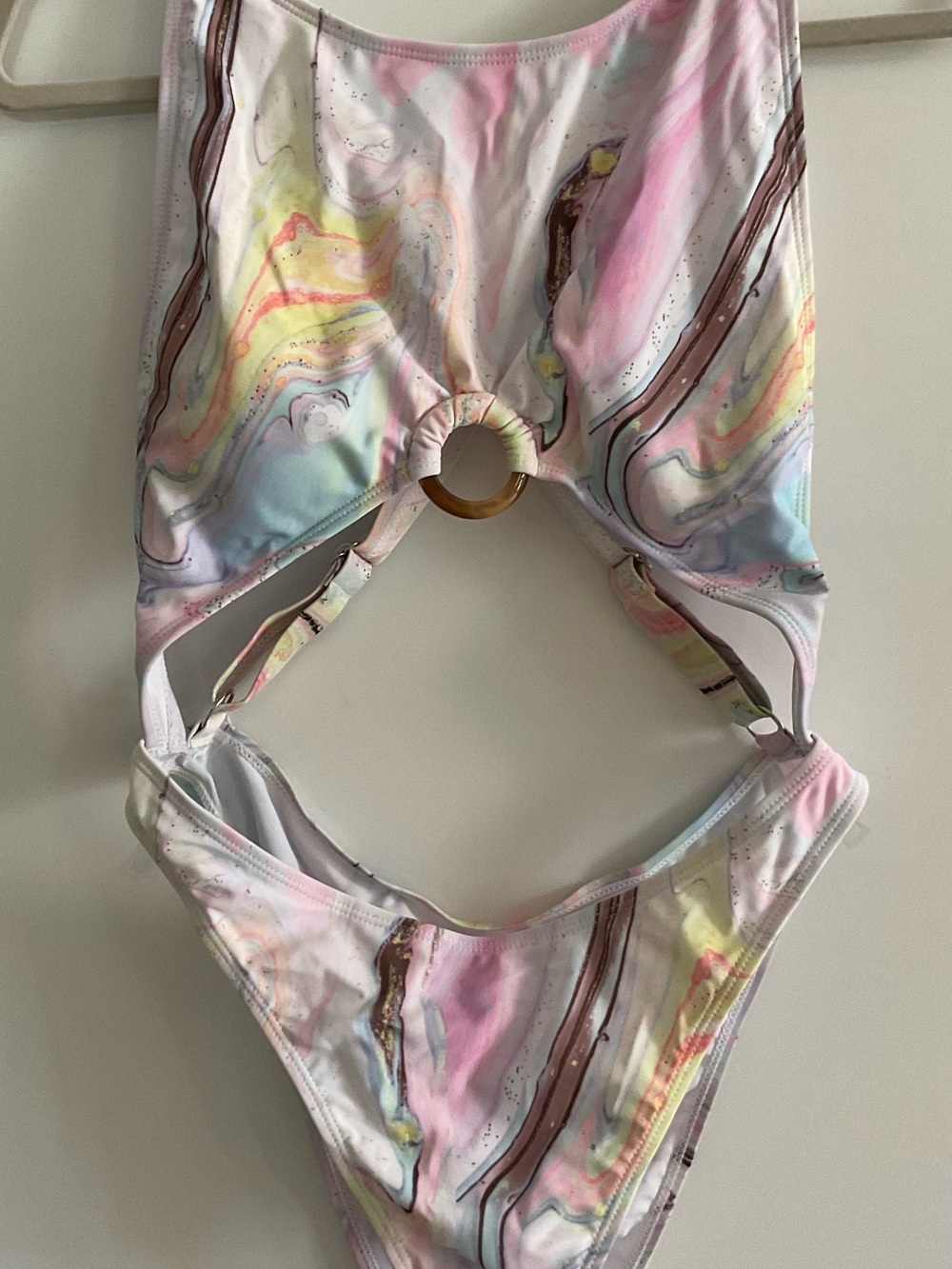 SHEIN Pastel Marble-Print One-Piece Bikini with Ring Detail